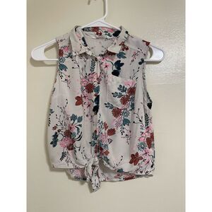 H&M 12-13Y Off White Button Down Knot Bottom Floral Tank